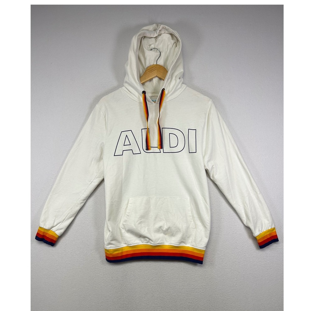 Retro Rainbow Aldi Gear Mens Size Small White Logo Pullover Hooded Sweatshirt